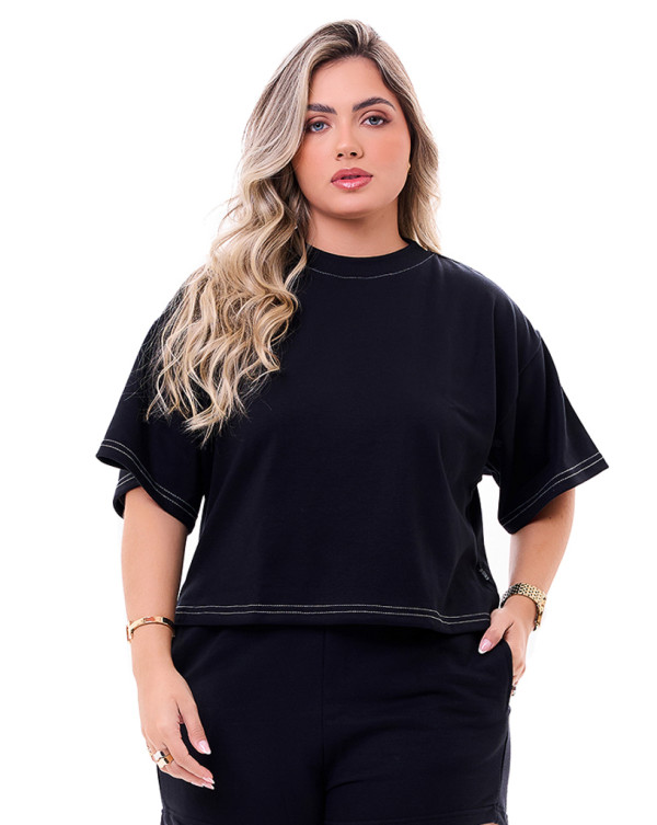 Camiseta Oversized Feminina Boxy Shoulder Line Preto Knulu