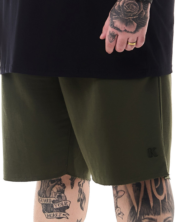 Bermuda Moletom Casual Bordada Corte a Fio Verde Militar Escuro Knulu