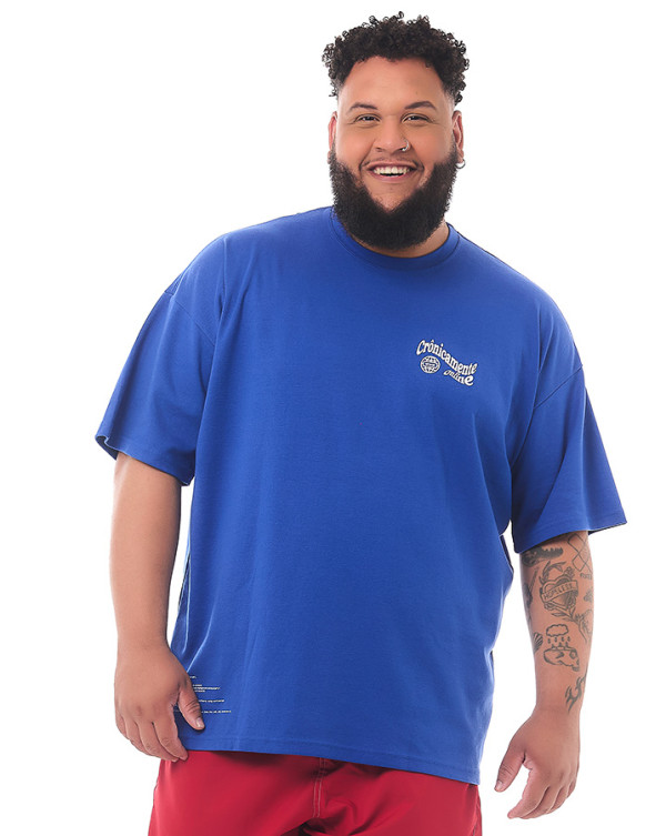 Camiseta Oversized Cronicamente On Line Azul Royal Collab Knulu + Noi