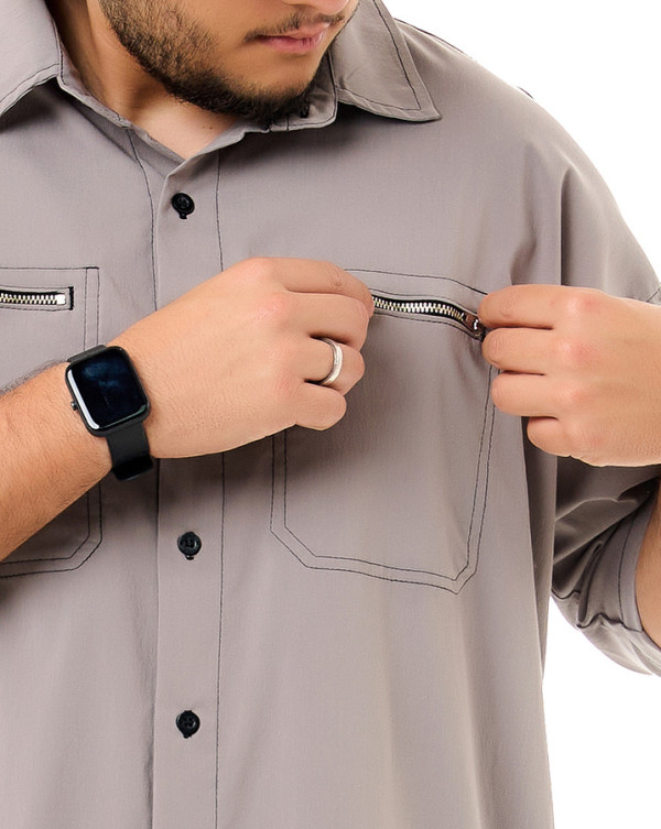 Camisa Oversized Workshirt Zíper Cinza Chumbo Knulu